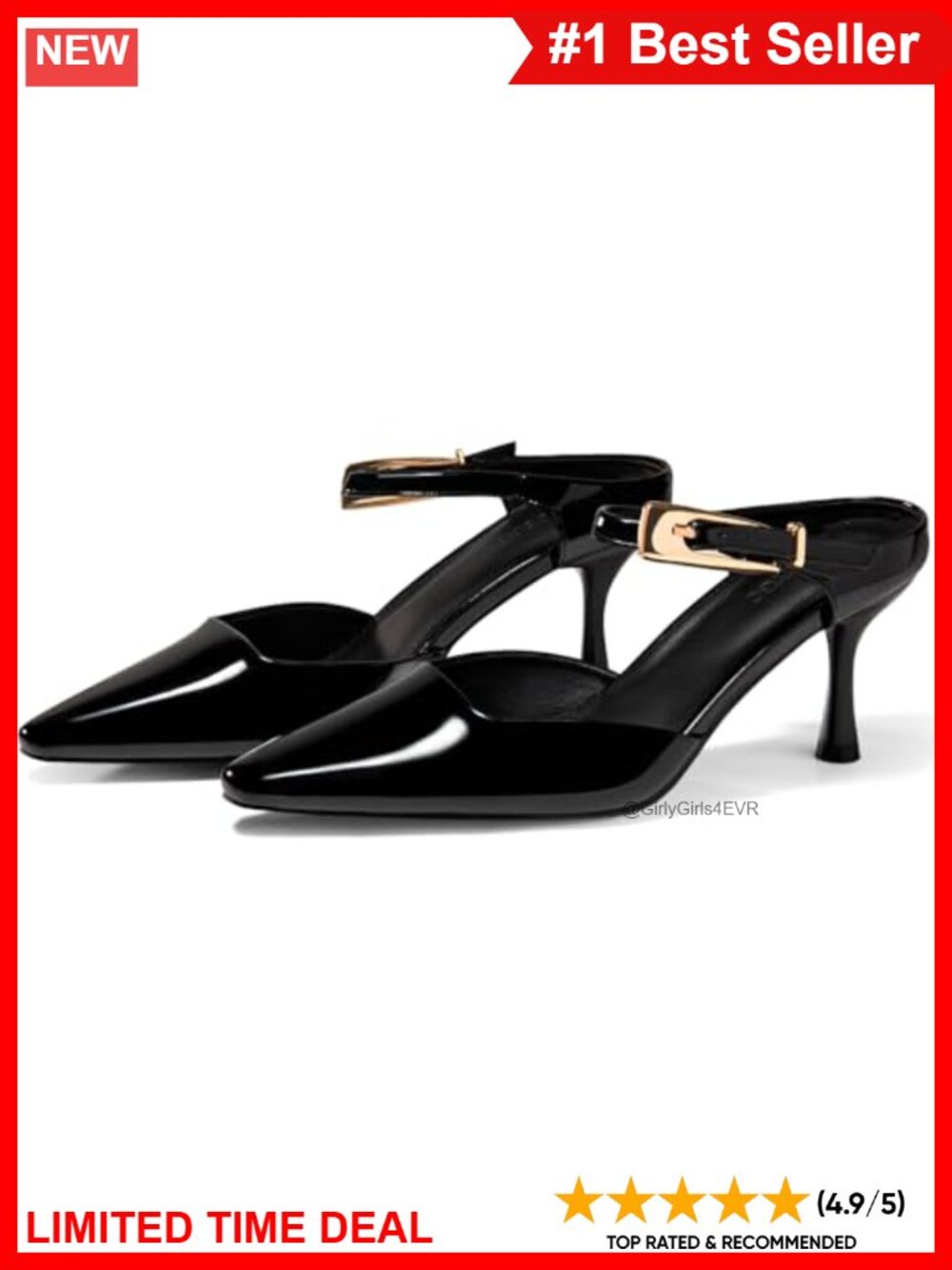 Pointed Toe Kitten Heel Mules Faux Leather Buckle Ankle Strap Pumps